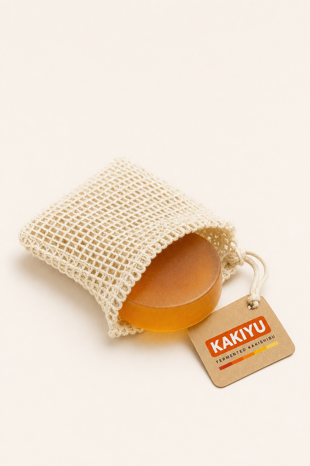 Kakiyu exfoliating sisal soap pouch with amber persimmon soap bar